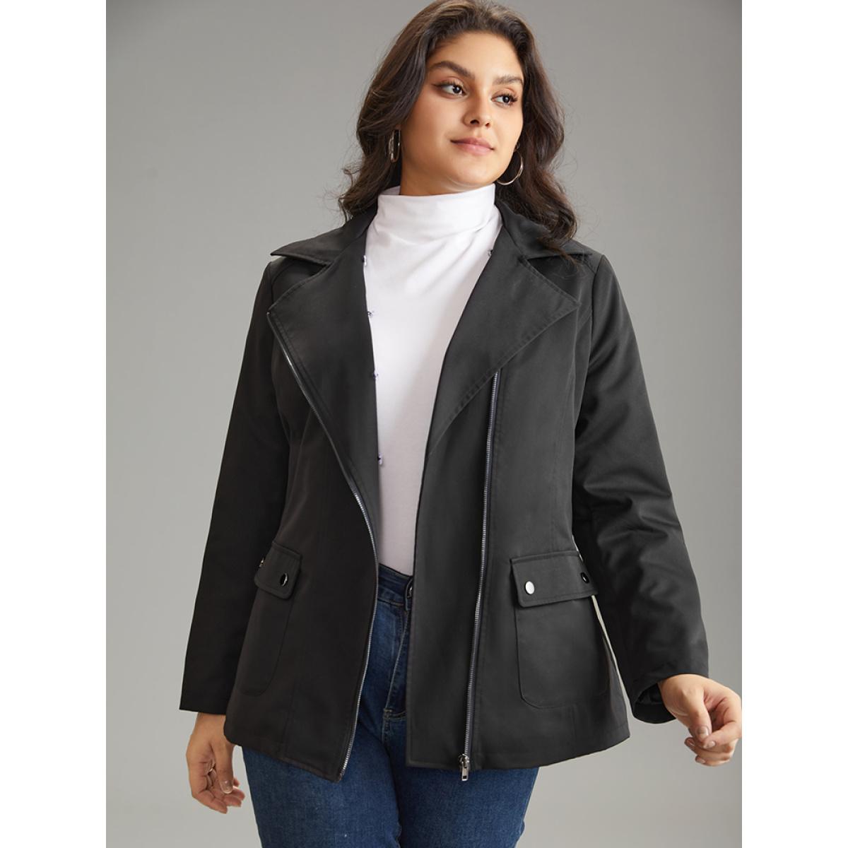Plus Size Fuzzy Trim Patchwork Zipper Belted Lapel Collar Coat Women Black Casual Lined Ladies Dailywear Winter Coats BloomChic 12/L Product Image