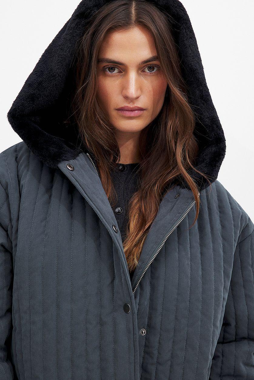 Padded Faux Fur Hood Detail Jacket Product Image