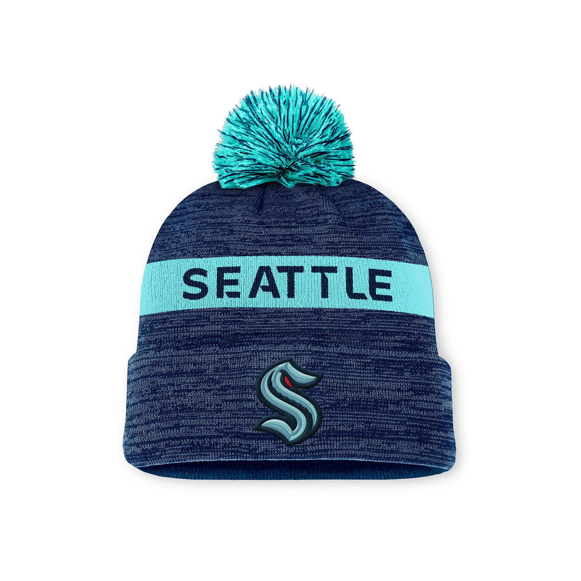 Men's Fanatics Deep Sea Blue/Light Blue Seattle Kraken Authentic Pro Rink Cuffed Knit Hat with Pom, Krk Blue Product Image