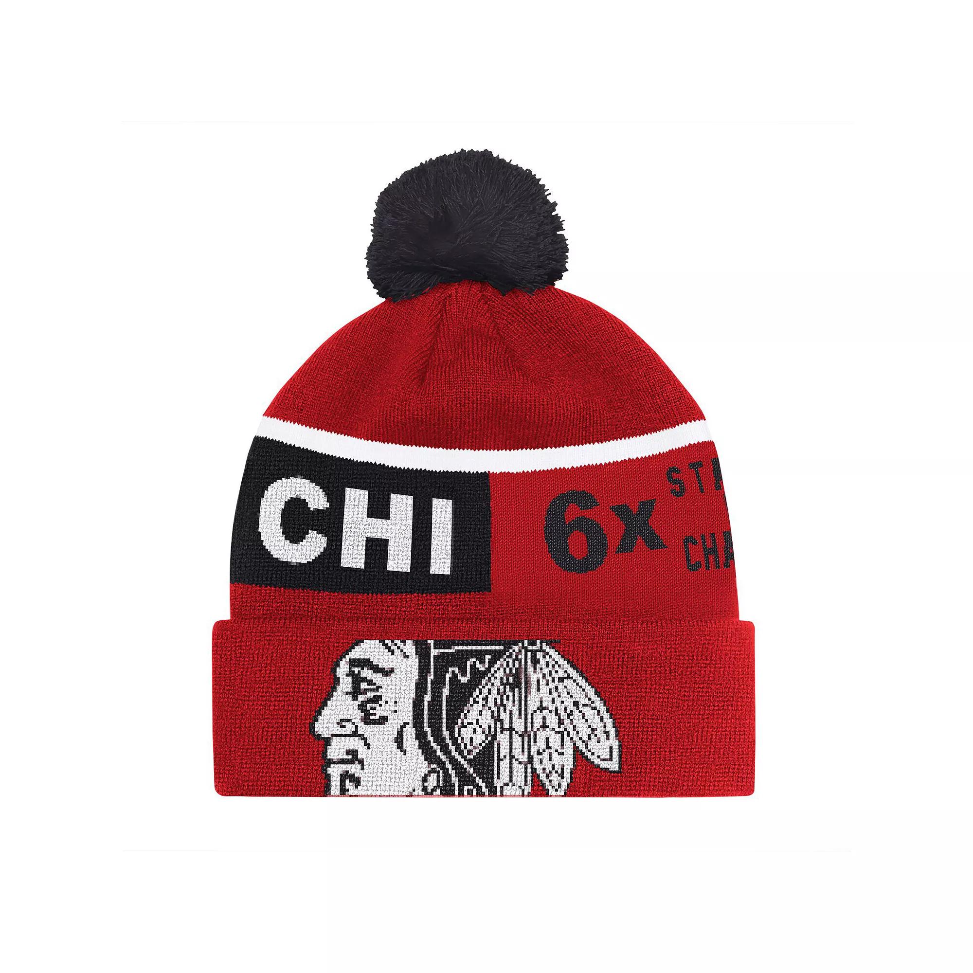 Men's Starter Red Chicago Blackhawks Chyron Commemorative Cuffed Knit Hat with Pom Product Image