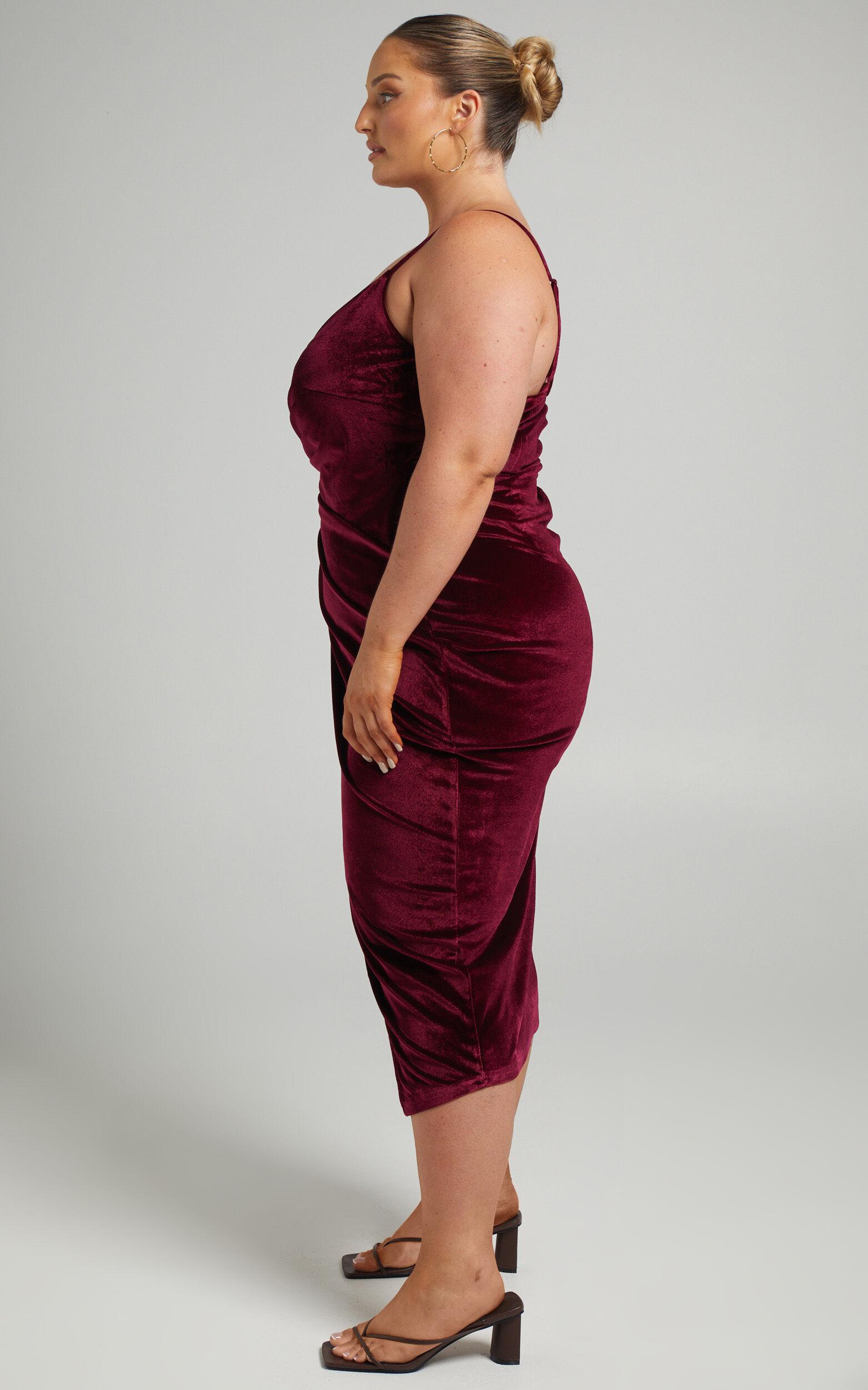 Loving Blind Midi Dress - Draped Thigh Split Dress in Wine Velvet Product Image