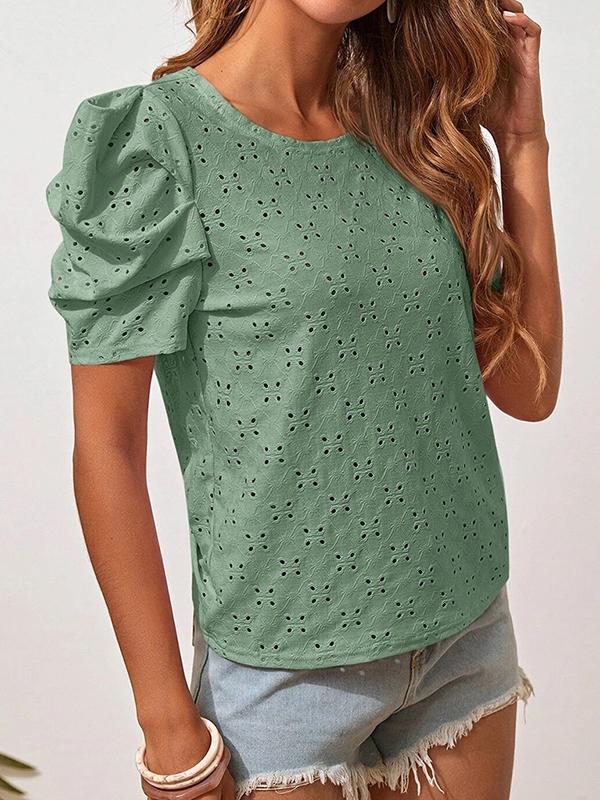 Loose Short Sleeves Hollow Pleated Solid Color Round-Neck T-Shirts Tops Product Image