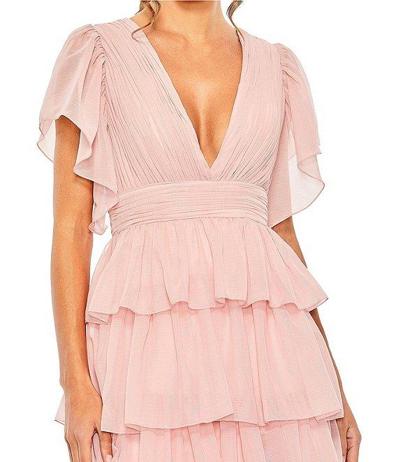 Mac Duggal V Neckline Short Flutter Sleeve Tiered Gown Product Image