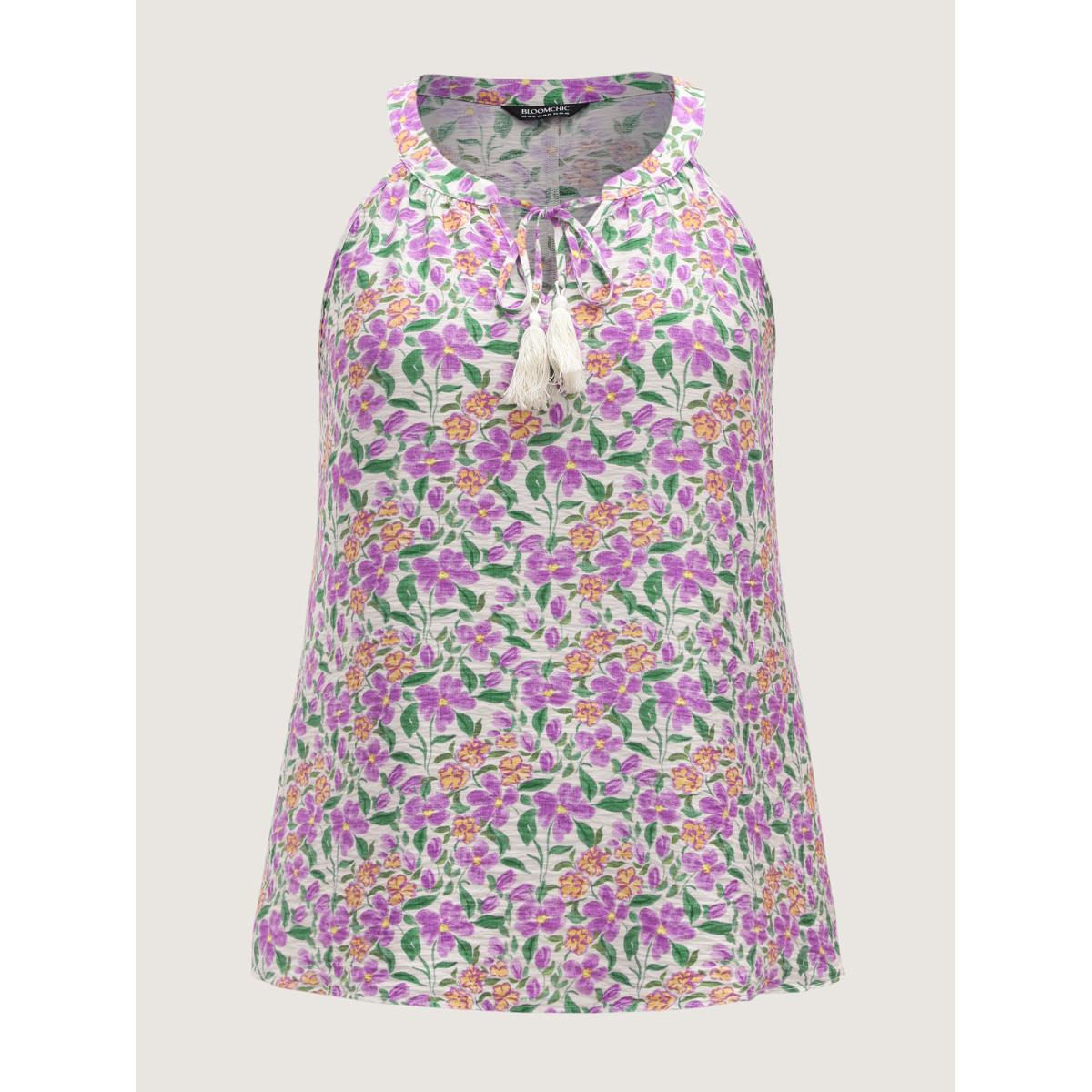 Plus Size Floral Print Neck Tassels Tank Top Women Multicolor Tie knot Round Neck Vacation Tank Tops Camis BloomChic 30/6X Product Image