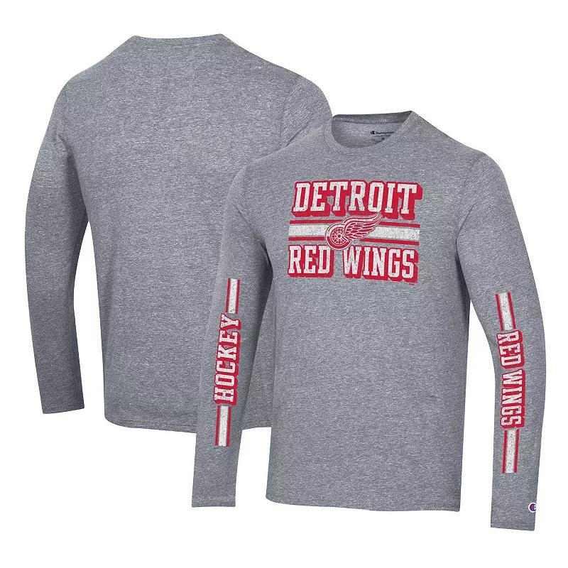 Men's Champion Heather Gray Detroit Red Wings Tri-Blend Dual-Stripe Long Sleeve T-Shirt,  Product Image