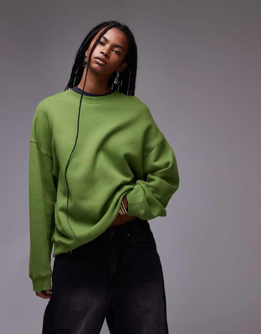 Topshop premium seam detail sweat in green Product Image