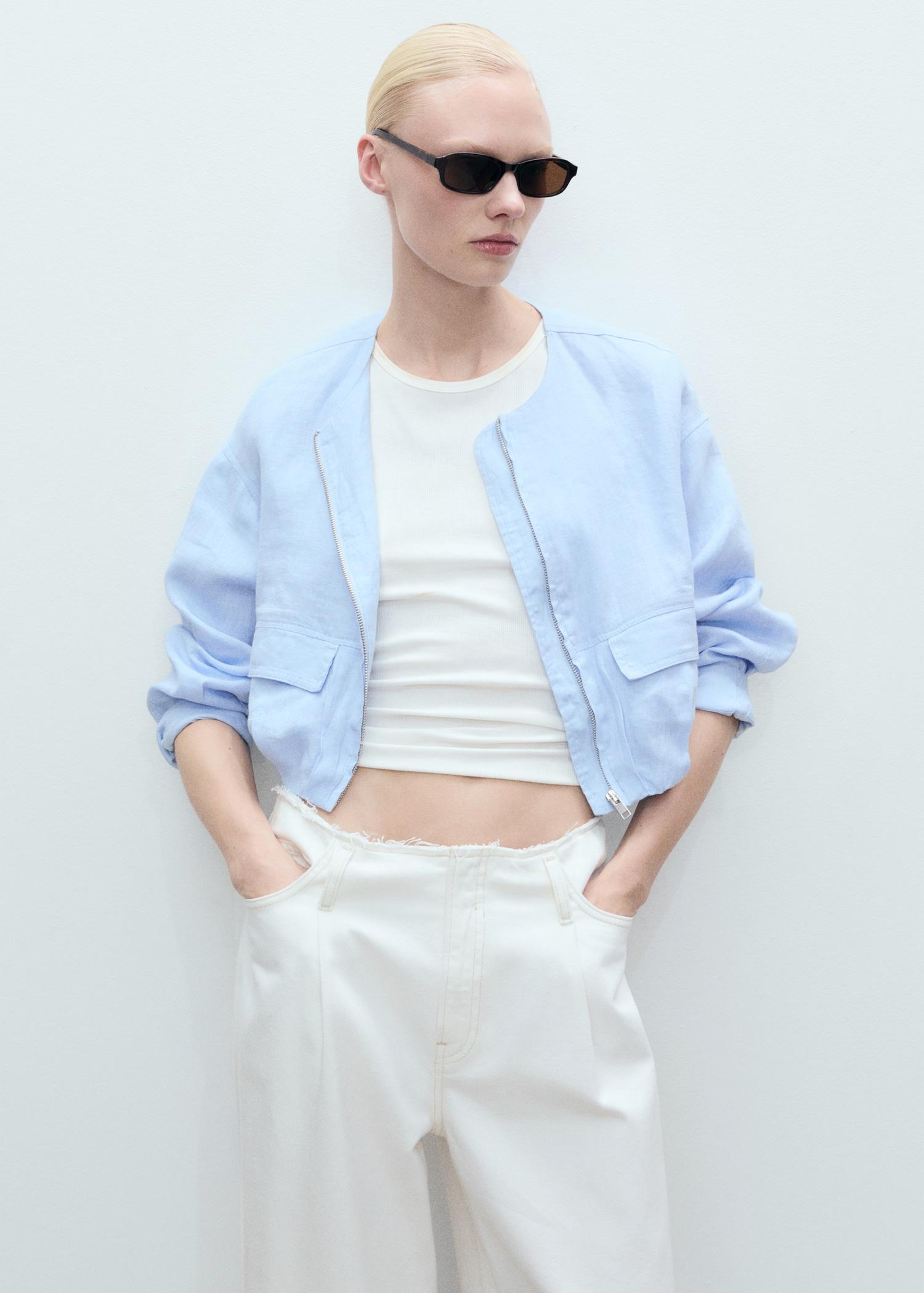 Cropped linen jacket with pockets - Women | MANGO USA Product Image