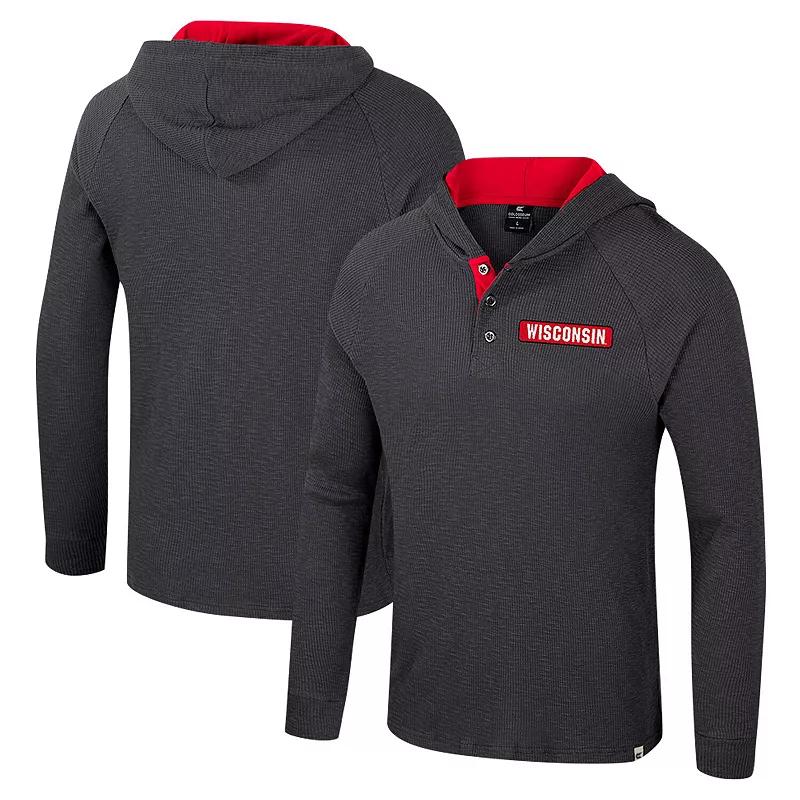 Men's Colosseum Charcoal Wisconsin Badgers Dujour Ralgan Long Sleeve Henley Hoodie T-Shirt,  Product Image