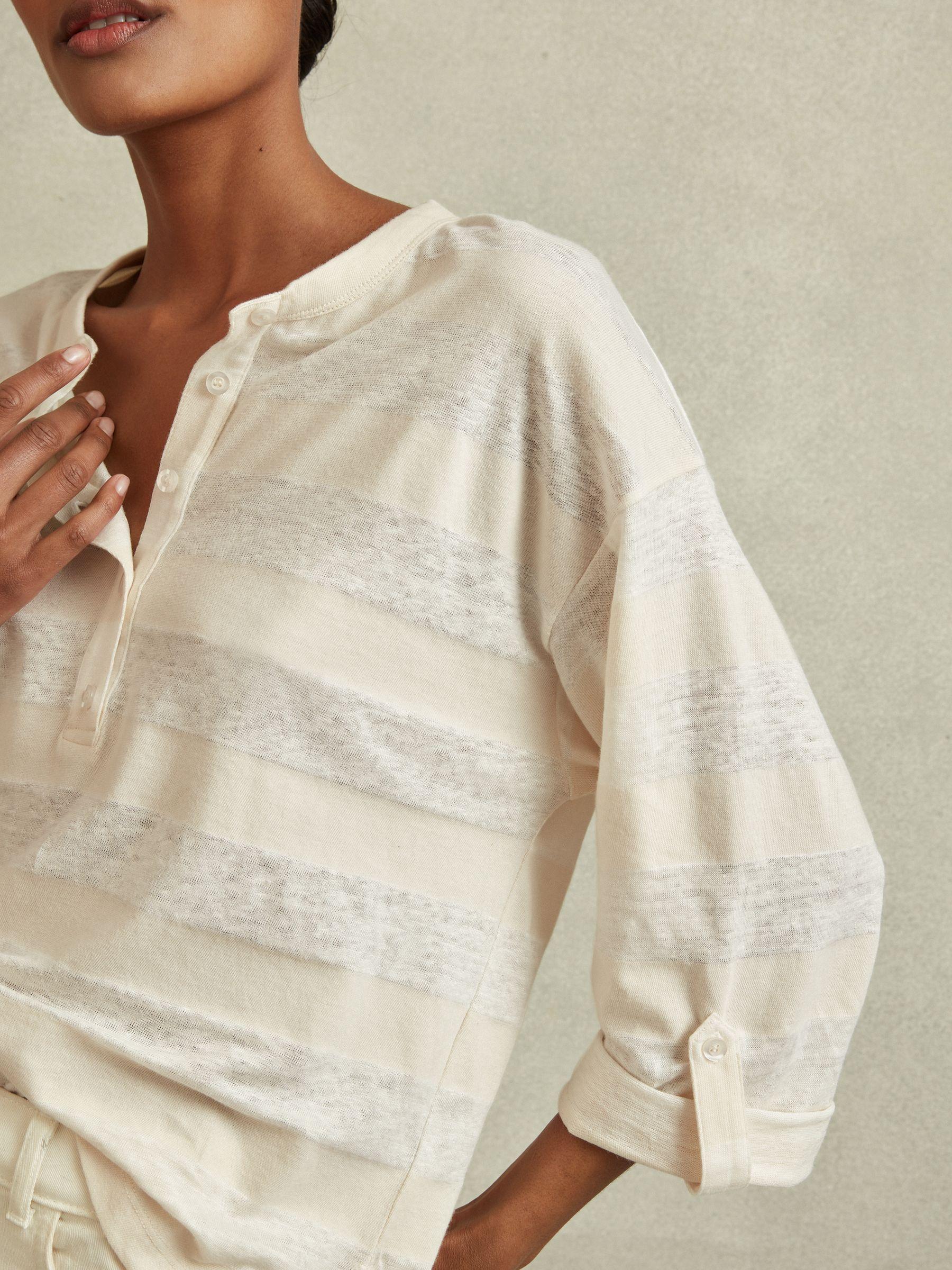 Linen-Cotton Striped Henley Top in Neutral/Ivory Product Image
