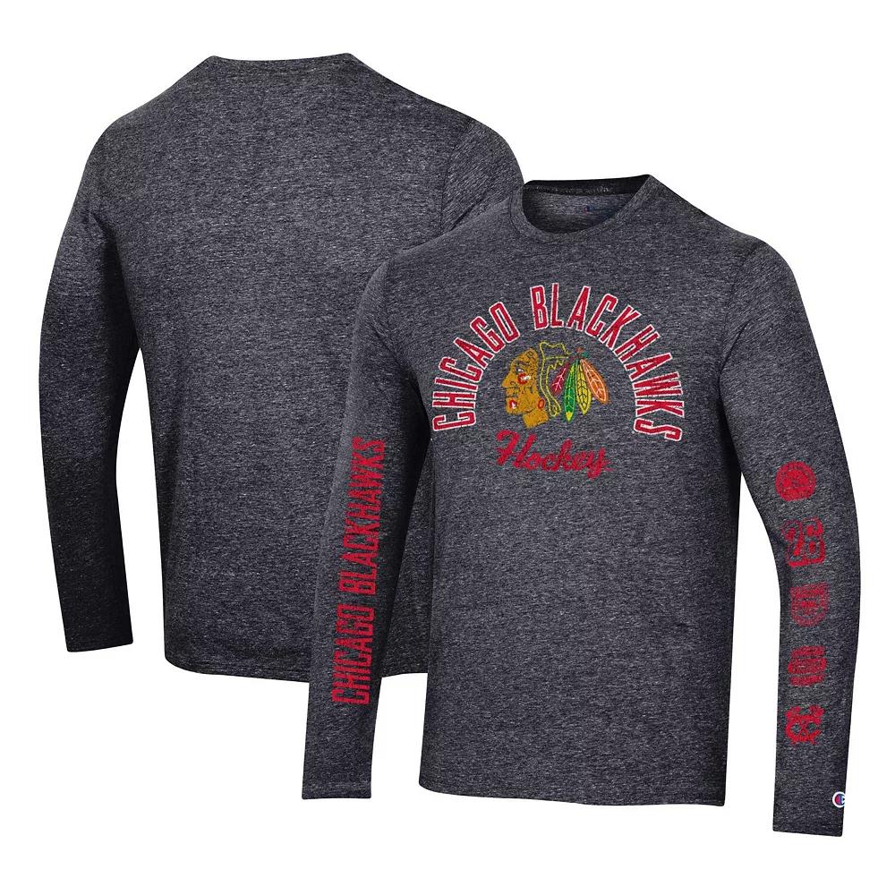 Men's Champion Heather Black Chicago Blackhawks Multi-Logo Tri-Blend Long Sleeve T-Shirt,  Product Image