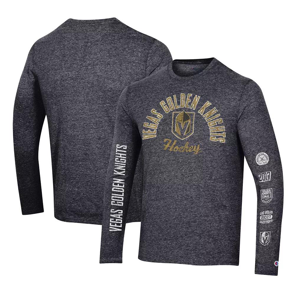 Men's Champion Black Vegas Golden Knights Multi-Logo Tri-Blend Long Sleeve T-Shirt,  Product Image