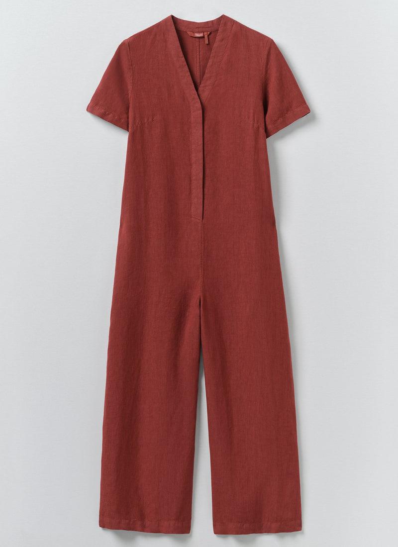 V Neck Garment Dyed Linen Jumpsuit | Tomato Red Product Image