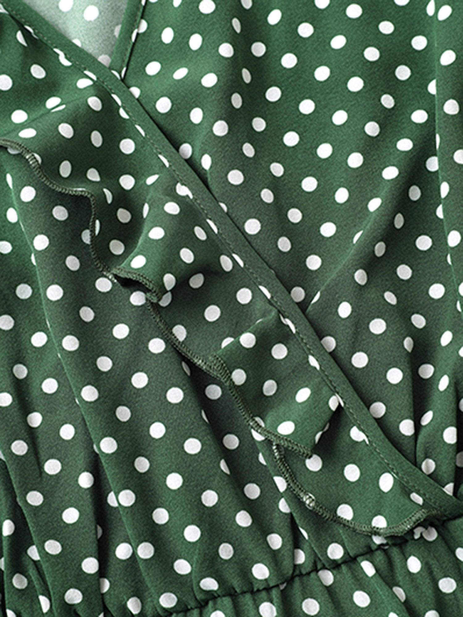 Polka Dot Flutter Trim Belted Overlap Collar Dress Female Product Image