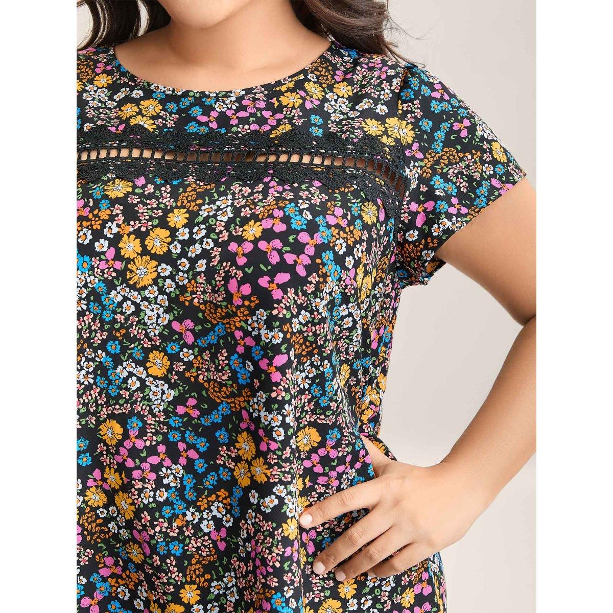 Plus Size Black Multi-Color Floral Print Lace Spliced Blouse Women Timeless Cap Sleeve Round Neck Elegant Blouses BloomChic 14-16/1X Product Image