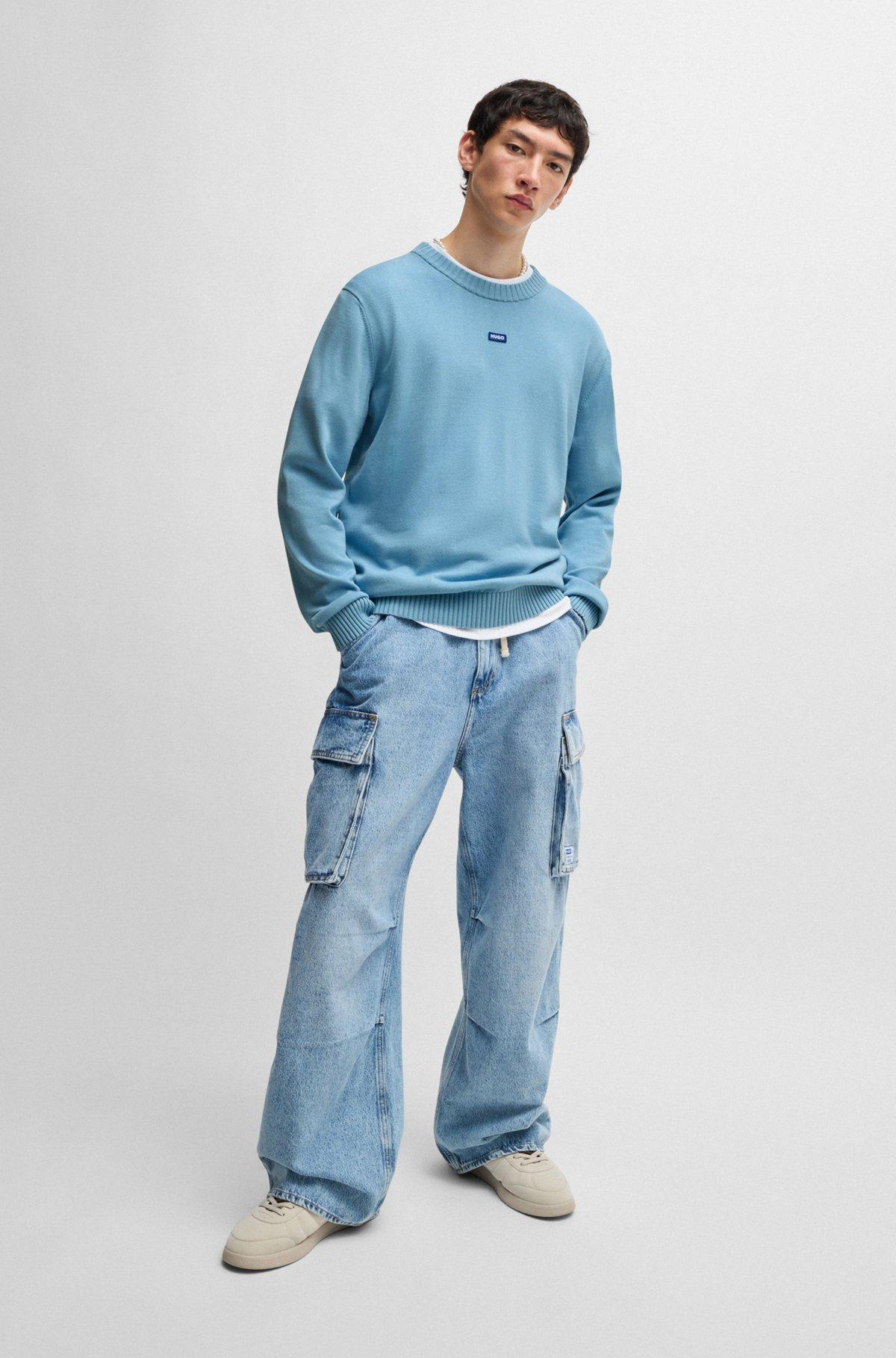 Knitted-cotton sweater with blue logo label Product Image