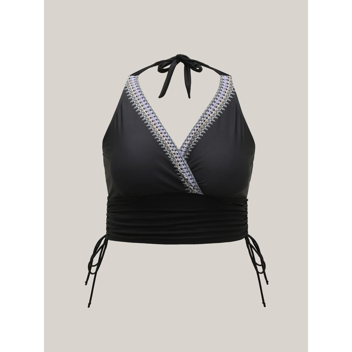 Plus Size Boho Print Adjustable Drawstrings Swim Tankini Women's Swimwear Black Beach Tie knot High stretch Skinny Overlap Collar Curve Swim Tops BloomChic 12/L Product Image