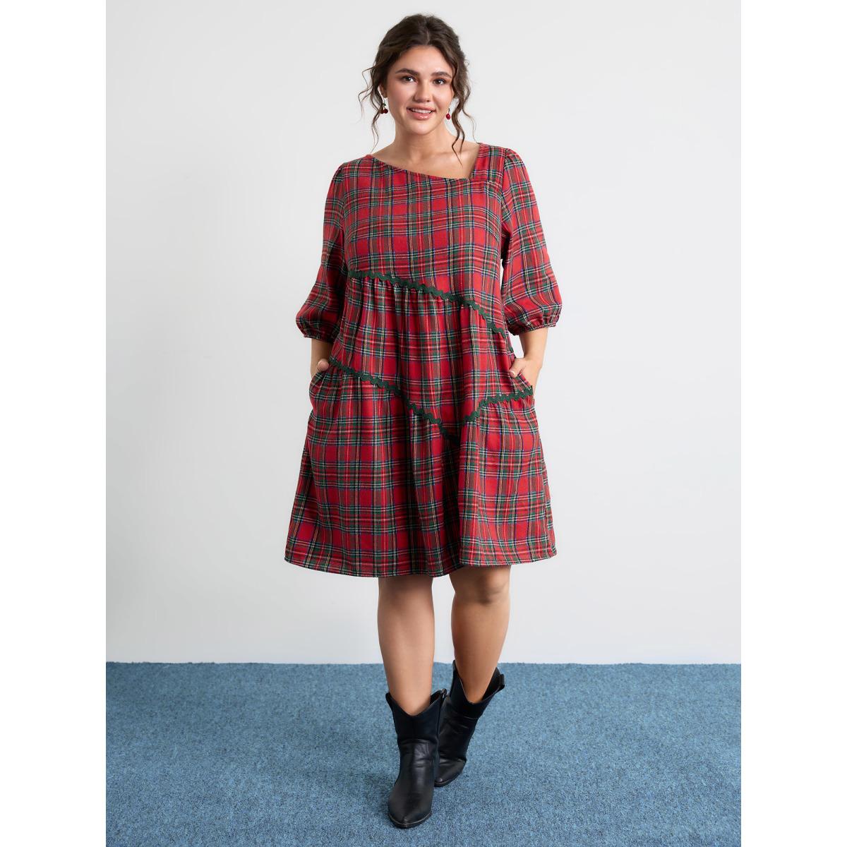 Plus Size Festive Plaid Wavy Trim Midi Dress Brightred Women Leisure Non Extra Long Sleeve Curvy BloomChic 26/4X Product Image