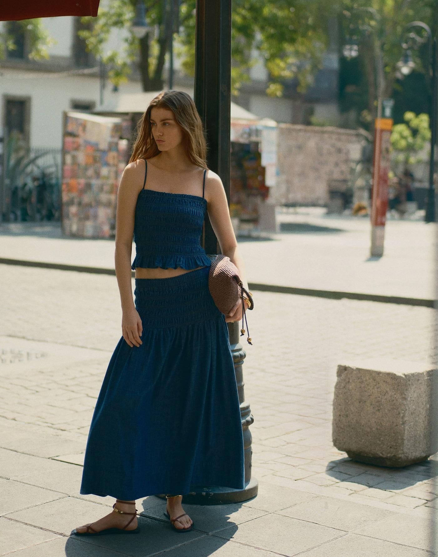 Smocked-Waist Denim Midi Skirt Product Image