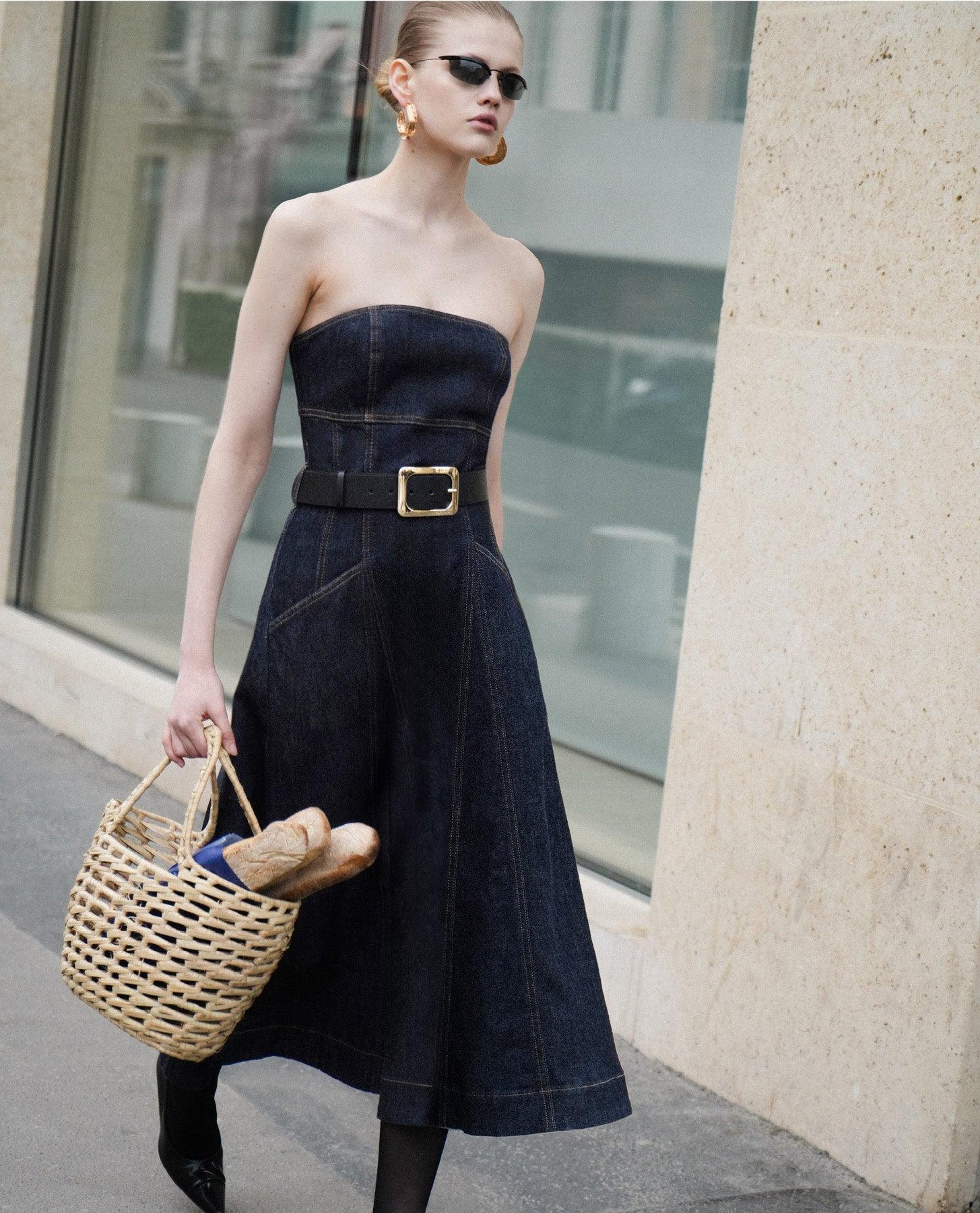 Indigo Denim Bandeau Midi Dress Product Image