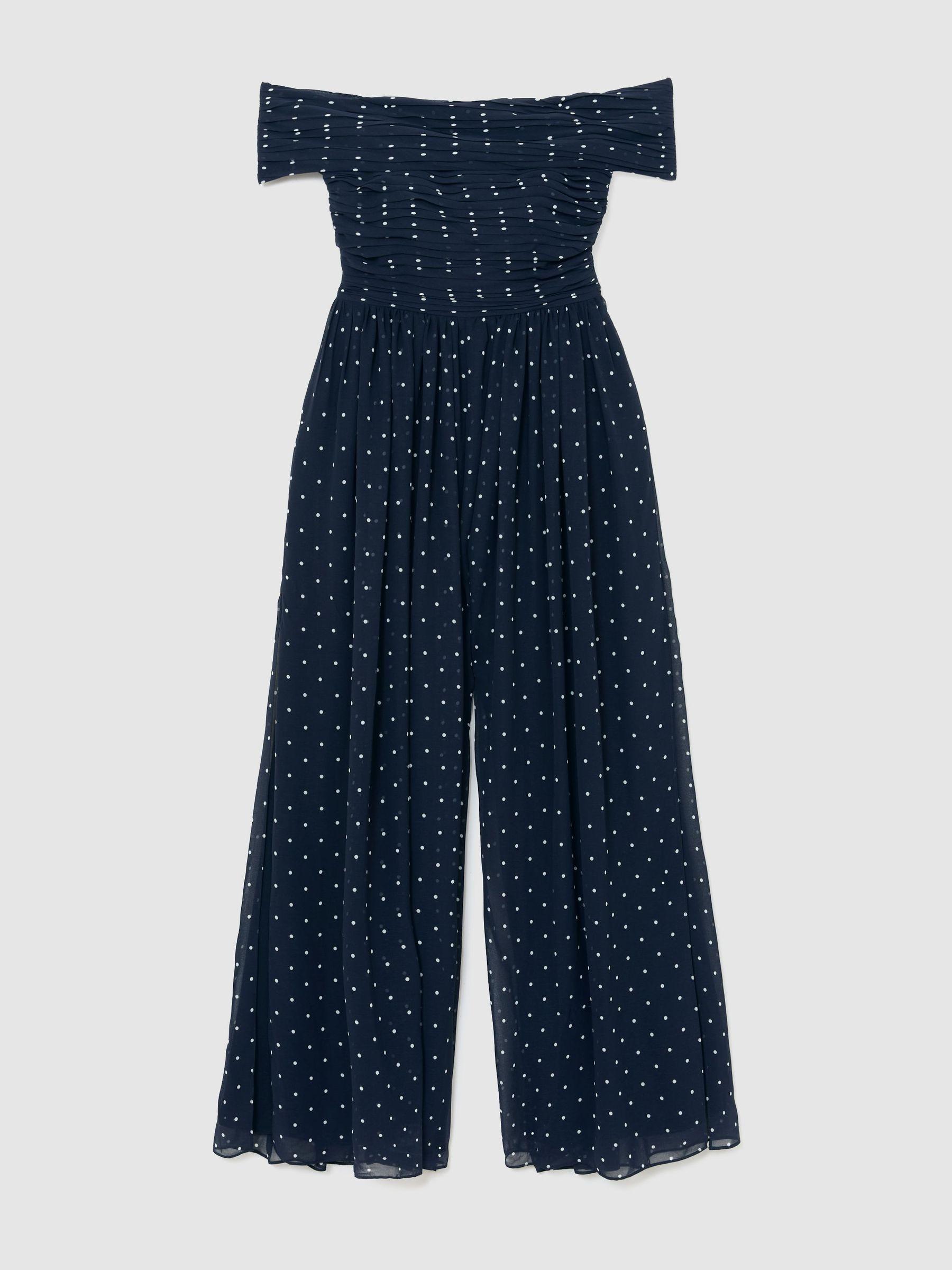Polka-Dot Bardot Wide-Leg Jumpsuit in Navy/Ivory Product Image