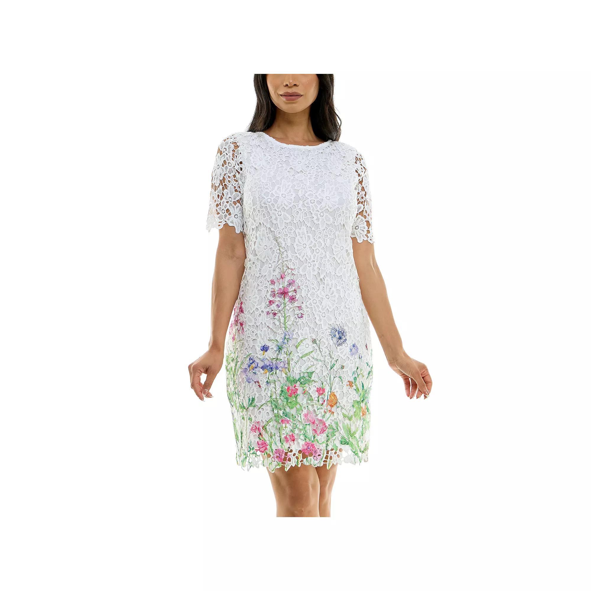 Women's Nina Leonard Floral Print Lace Trimmed Short Sleeve Mini Dress,  Product Image