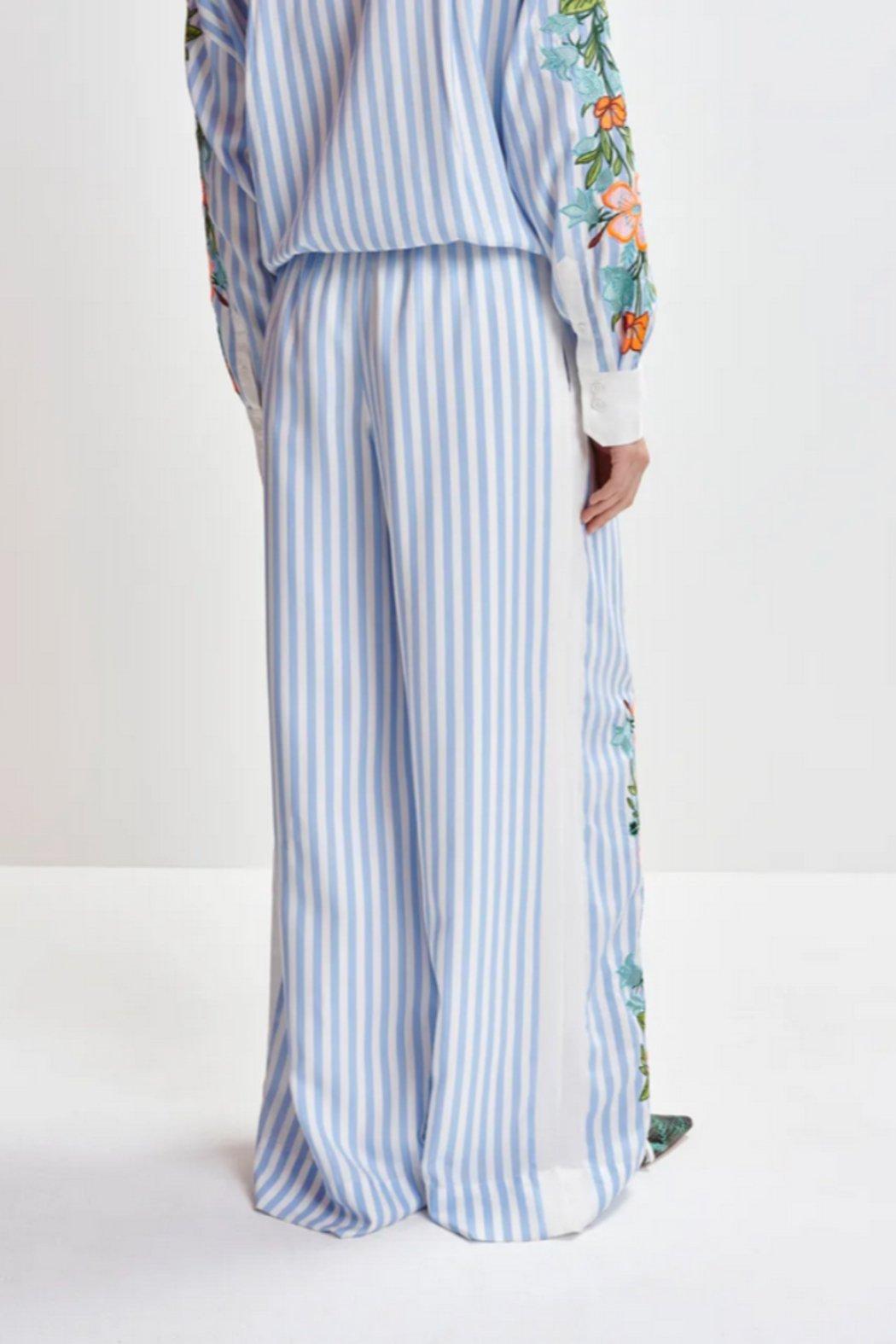 Blue, white and multicolored wide-leg pants with contrast border and embroideries Product Image