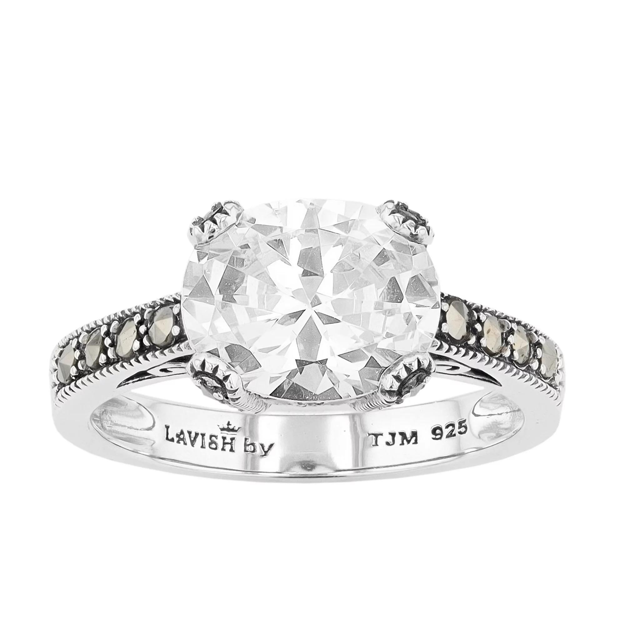 Lavish by TJM Sterling Silver Oval White Cubic Zirconia & Marcasite Ring, Women's, Size: 9 Product Image
