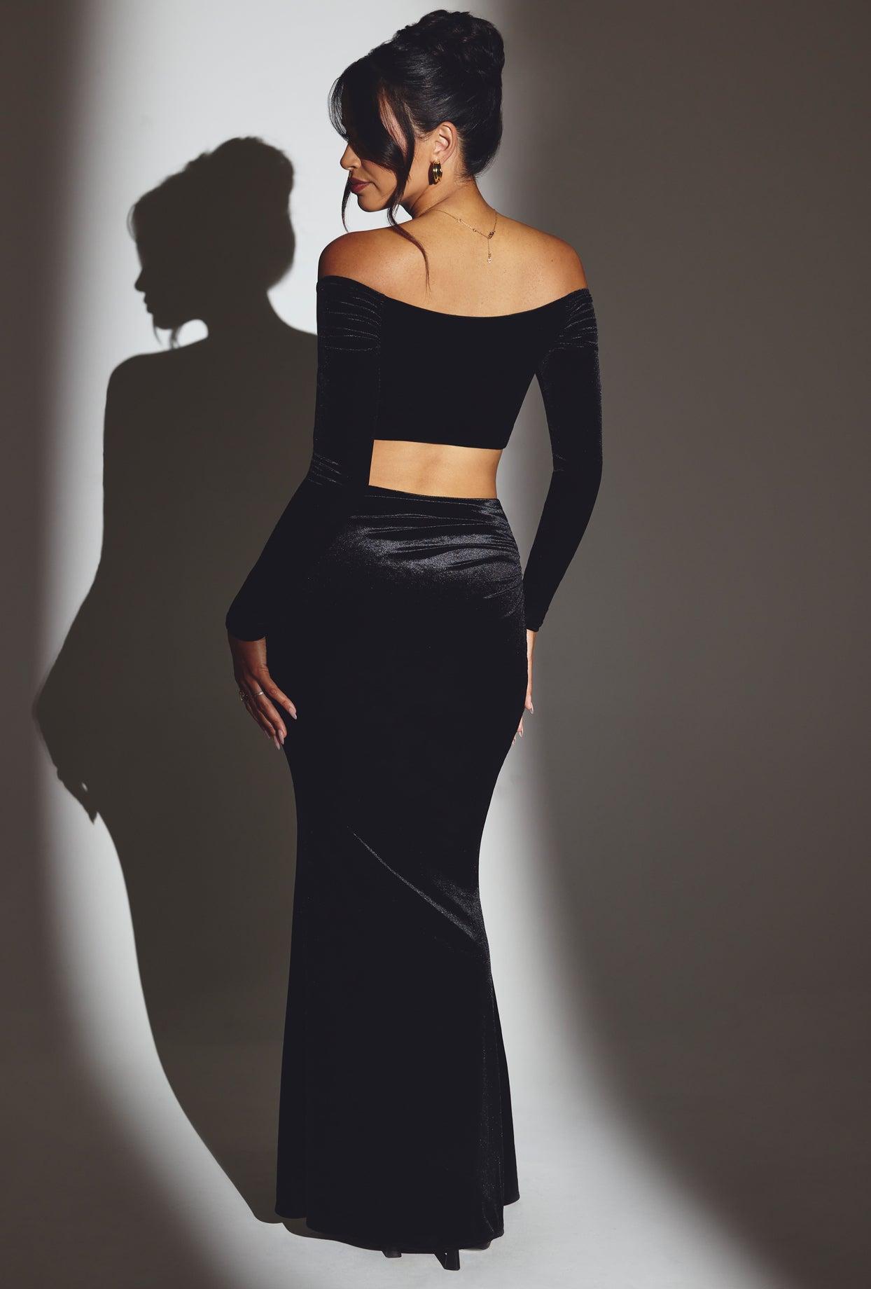 Velvet Mid-Rise Maxi Skirt in Jet Black Product Image