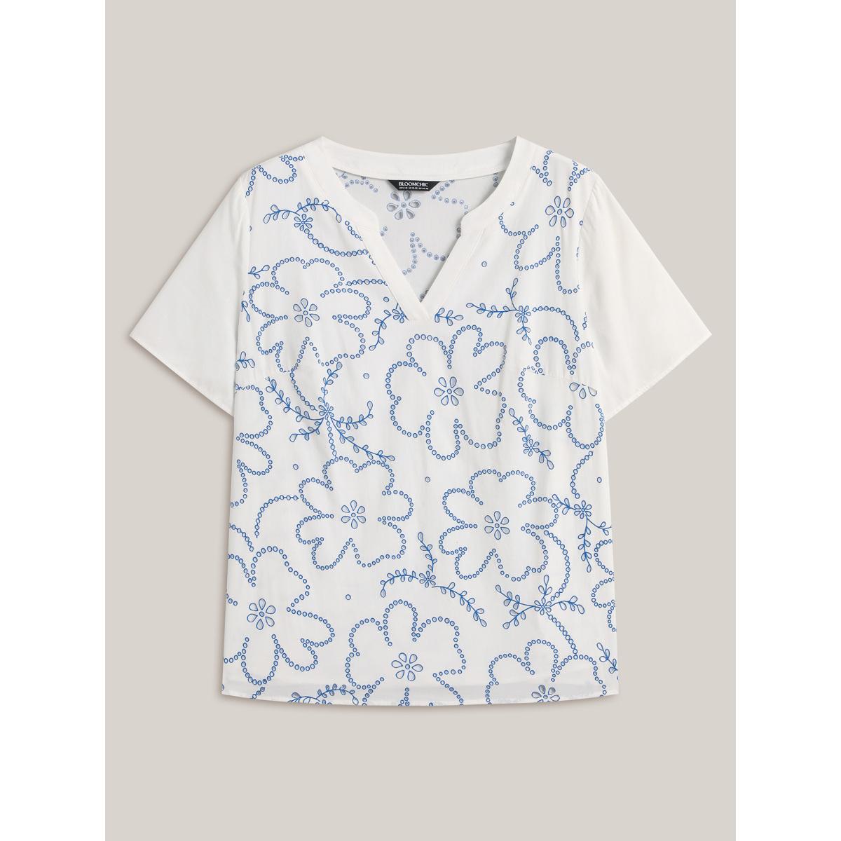 Plus Size WhiteSmoke Large Floral Print Split Neck Blouse Women Short sleeve Flat collar with V-notch Vacation Blouses BloomChic 18-20/2X Product Image