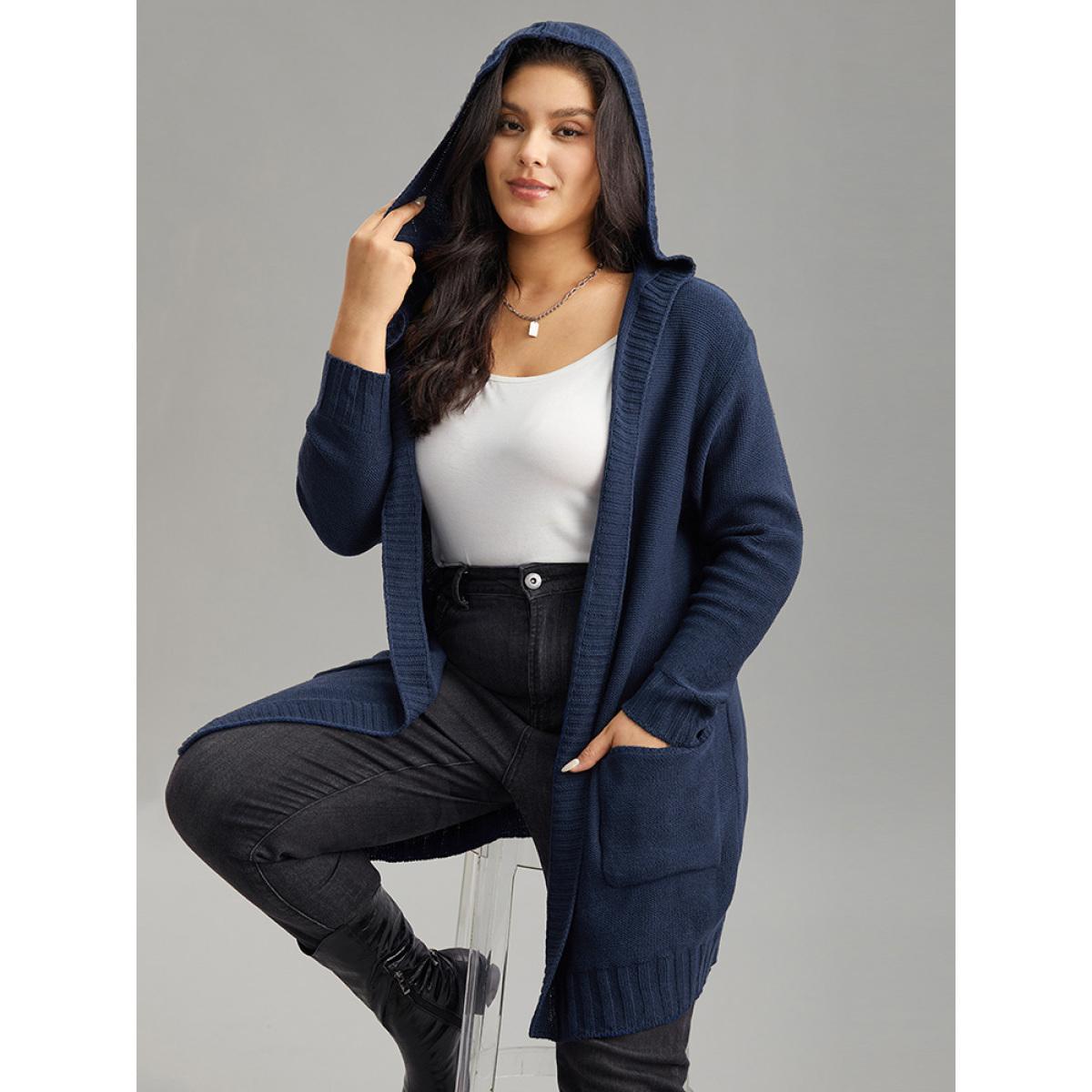 Plus Size Plain Texture Pocket Hooded Cardigan Aegean Women Casual Loose Long Sleeve Dailywear Cardigans BloomChic 10/M Product Image