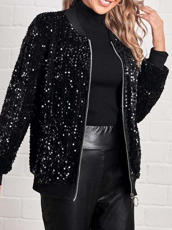 Long Sleeves Loose Sequined Solid Color Split-Joint Round-Neck Jackets Outerwear Product Image