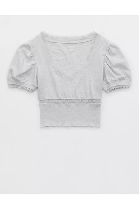 Aerie Cropped Lace Trim V-Neck T-Shirt Women's Product Image
