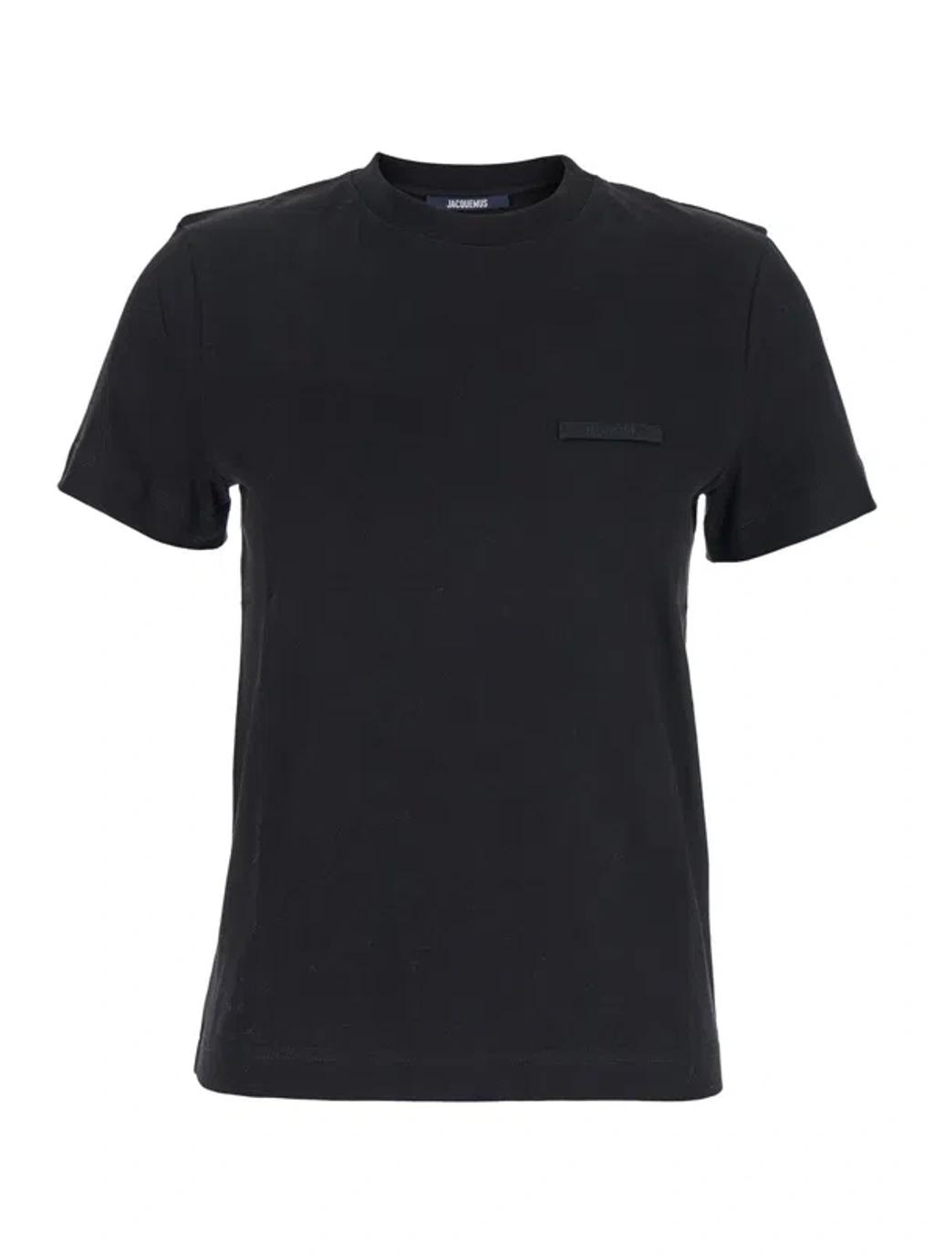 JACQUEMUS Black Fitted T-shirt With Logo Patch In Stretch Cotton Woman Product Image