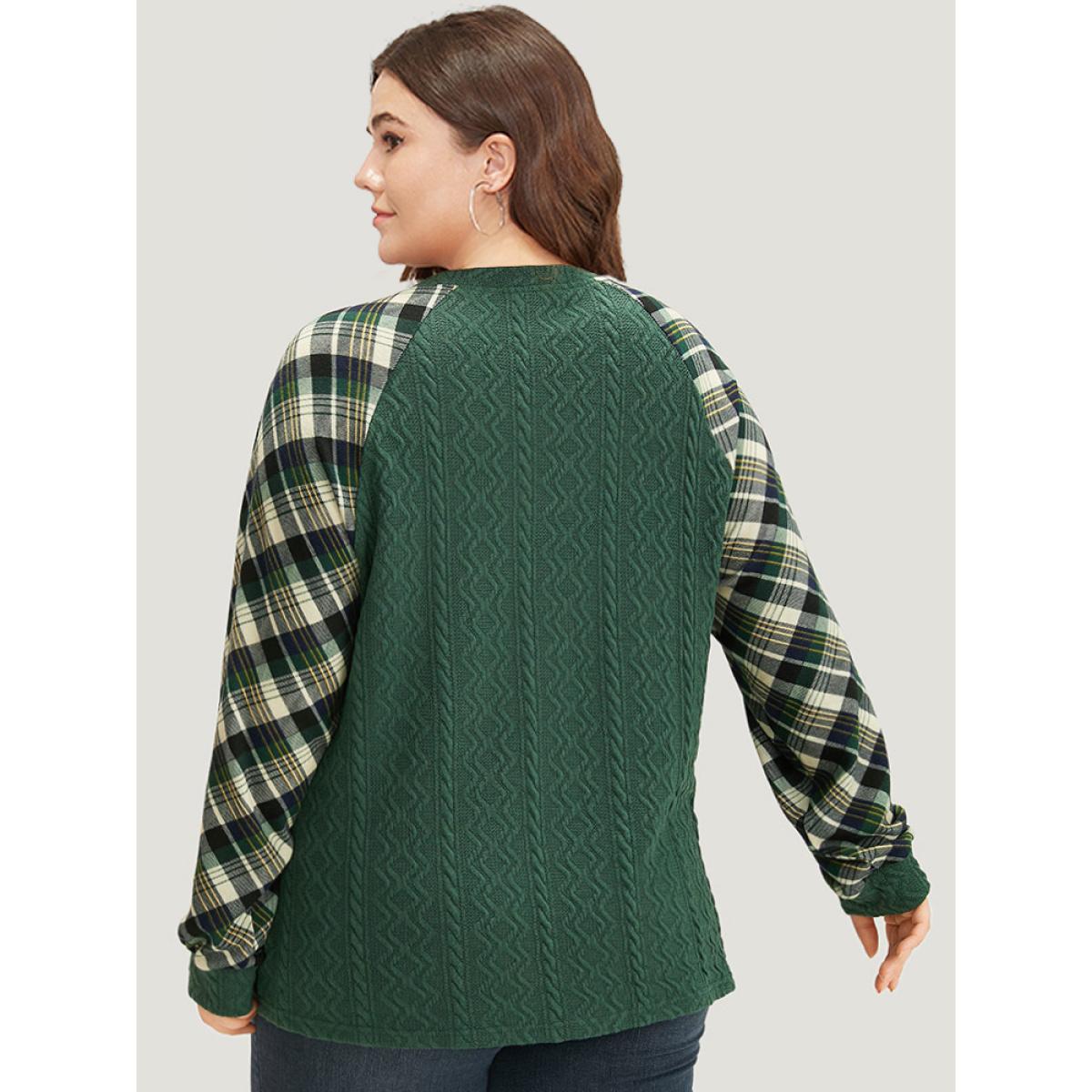 Plus Size Plaid Raglan Sleeve Patchwork Texture Sweatshirt Women DarkGreen Casual Elastic cuffs V-neck Dailywear Sweatshirts BloomChic 10/M Product Image
