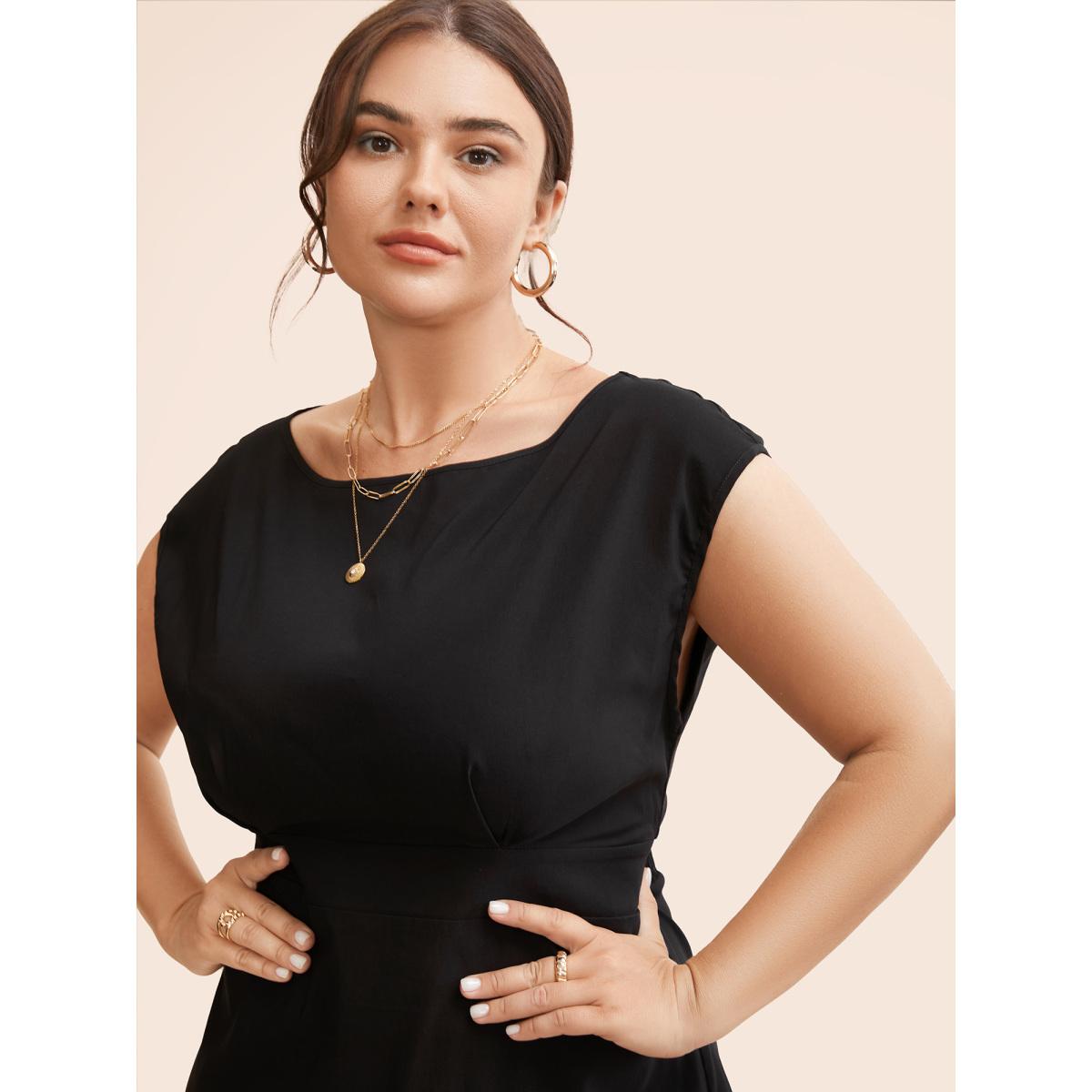 Plus Size Stretch Woven Cowl Neckline Midi Dress Black Women Workwear Essentials Pleated Boat Neck Cap Sleeve Curvy BloomChic 10/M Product Image