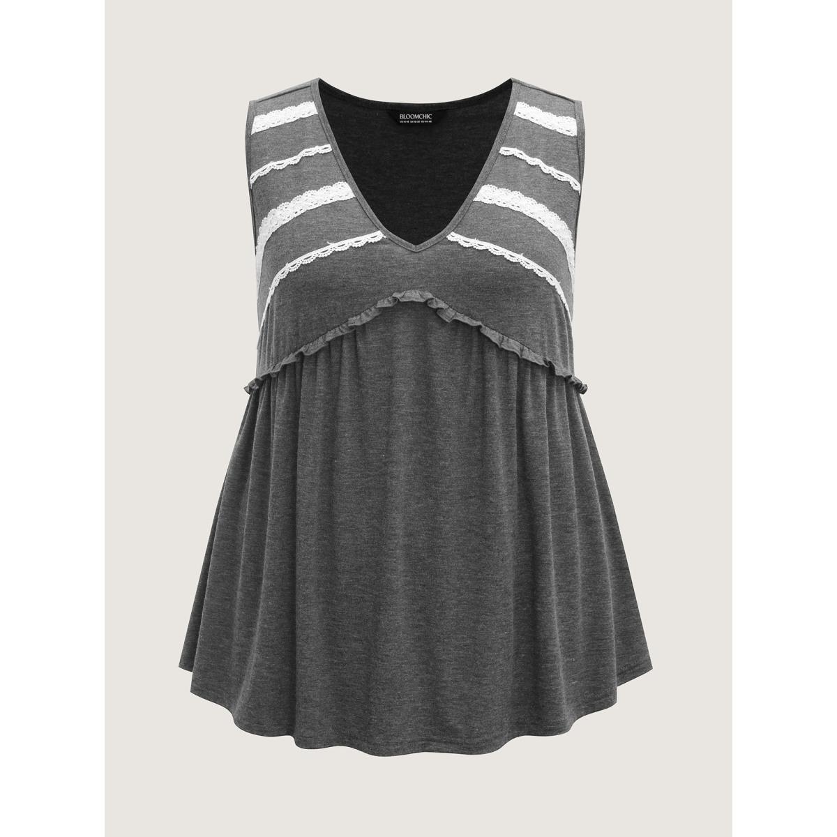 Plus Size Lace Trim V-Neck Tank Top Women DimGray Leisure Wraparound straps V-neck Casual Tank Tops Camis BloomChic 28/5X Product Image