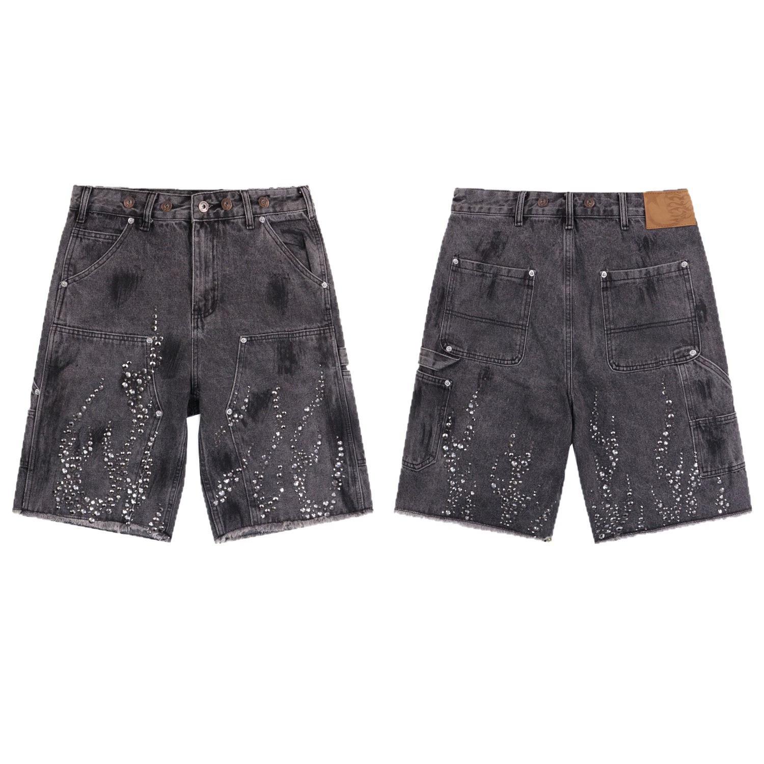 Hiphop Street Flame Rhinestone Five-point Denim Shorts Product Image