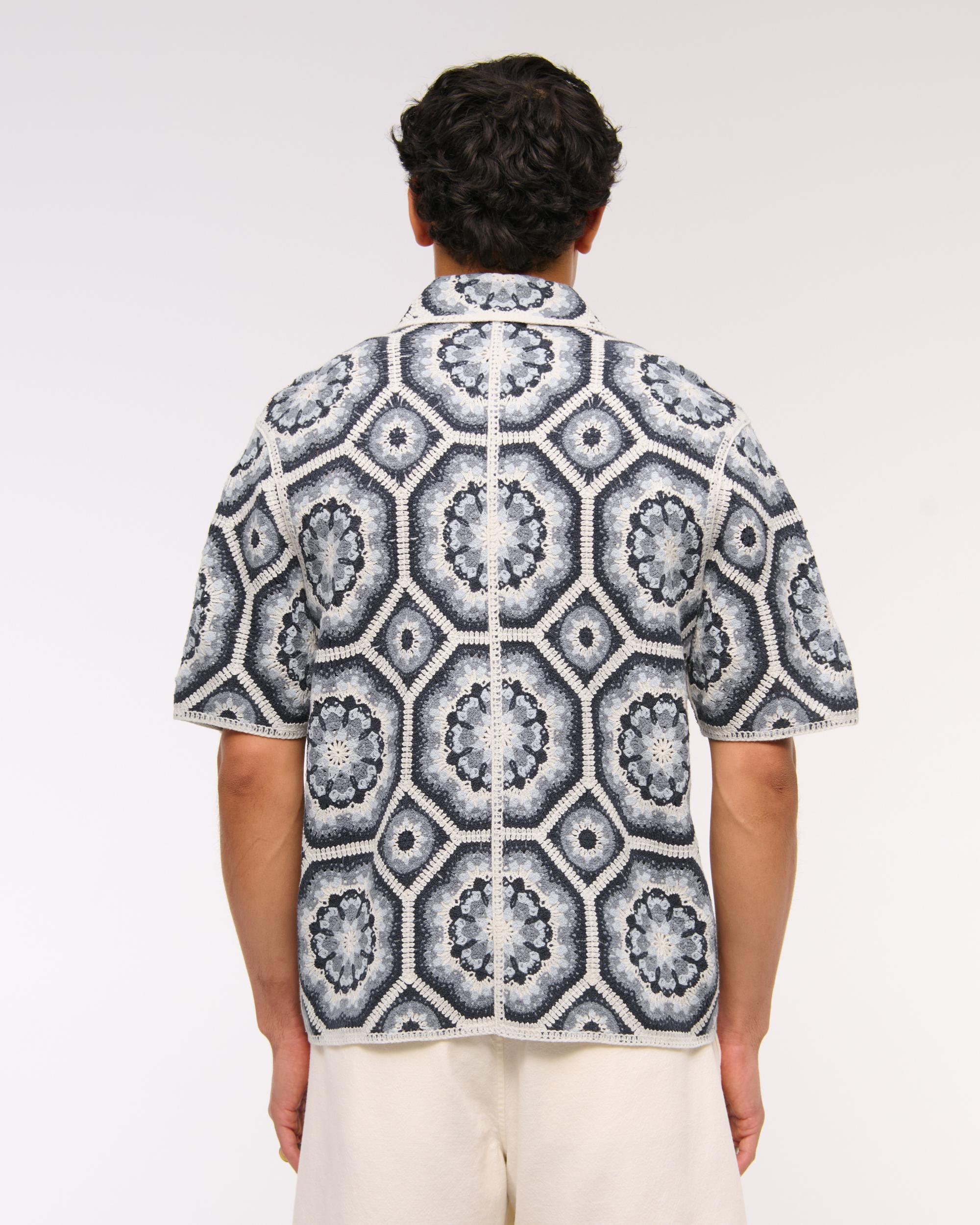 Crochet-Style Border Stripe Button-Through Sweater Polo Product Image