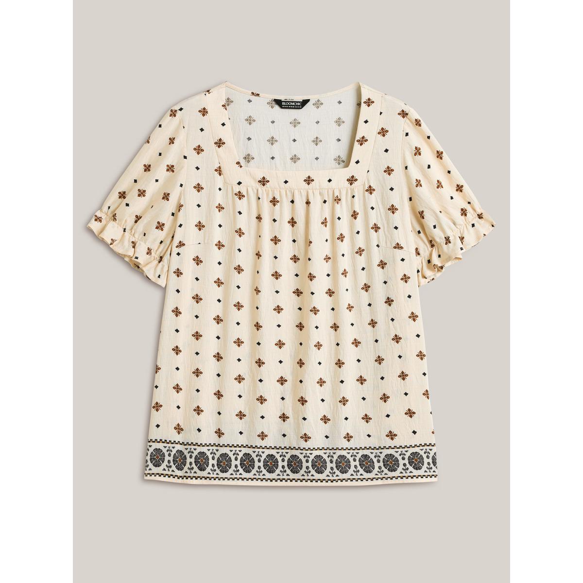 Plus Size Beige Rayon Embroidered Pleated Blouse Women Short sleeve Square Neck Vacation Blouses BloomChic 26/4X Product Image