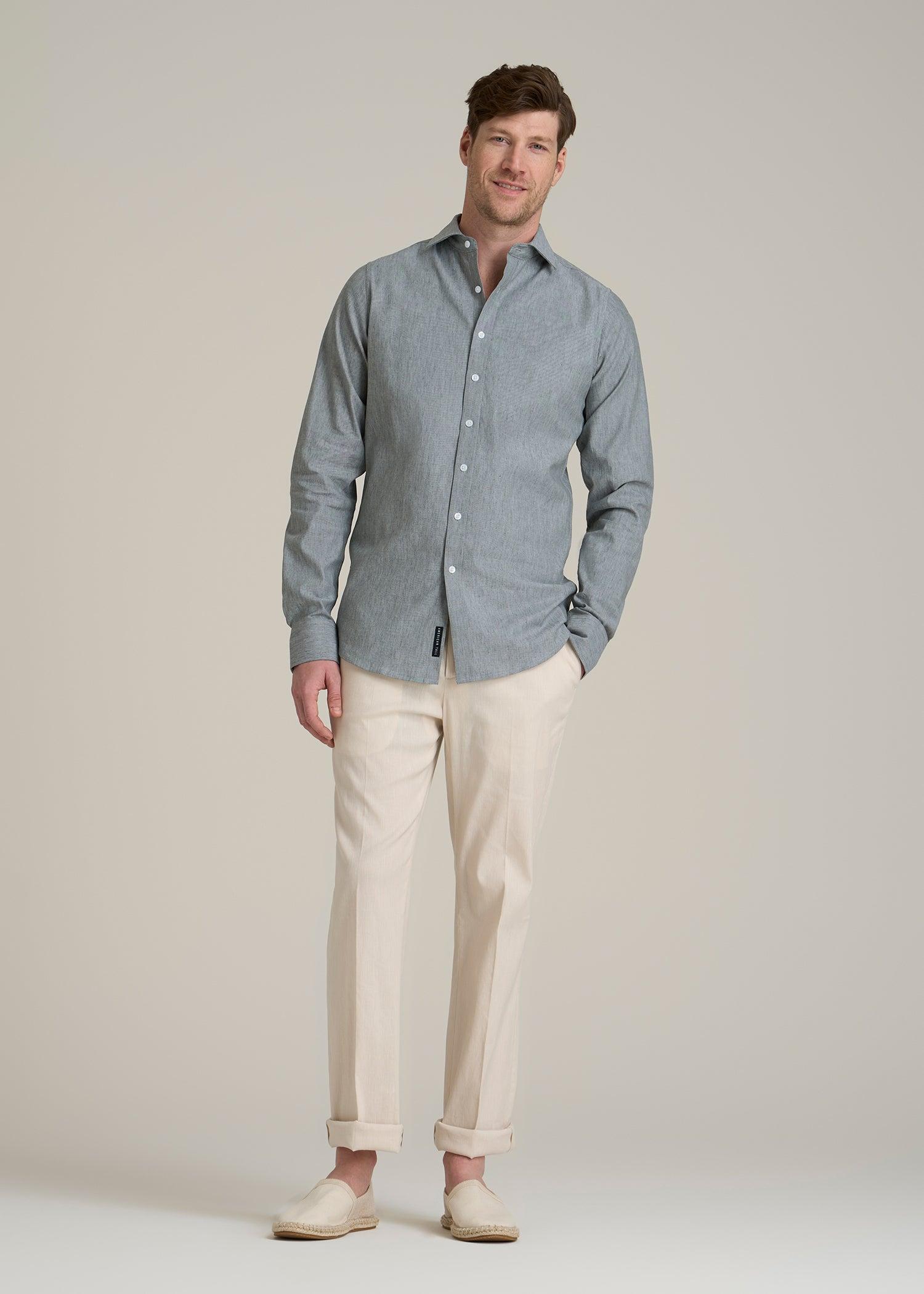 Stretch Linen Dress Shirt for Tall Men in Evergreen Mix Male Product Image