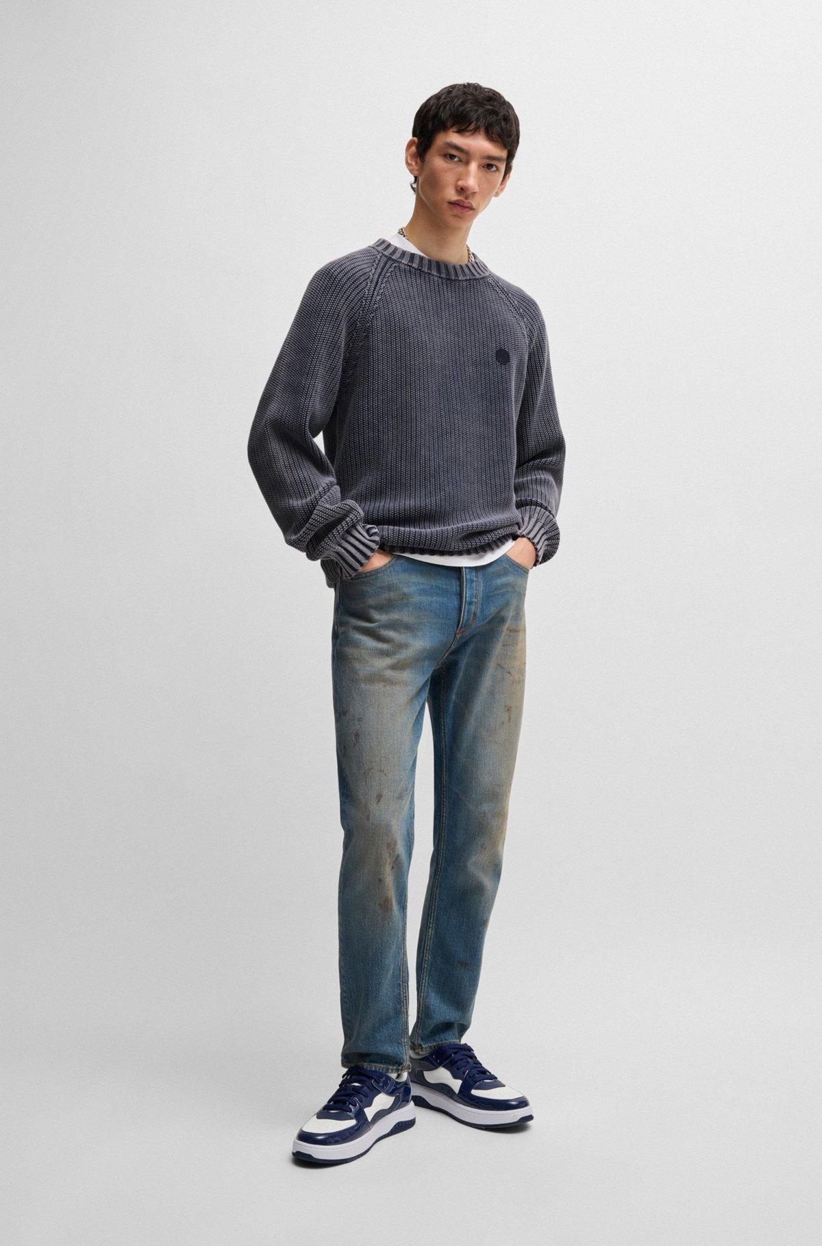 Rib-knit cotton sweater with Happy HUGO logo badge Product Image