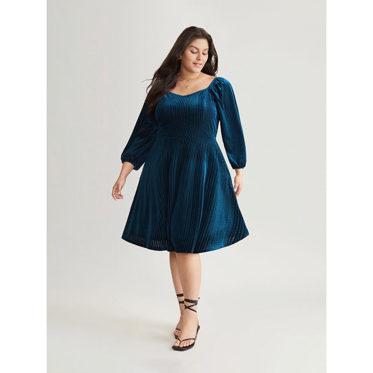 Plus Size Velvet Plisse Pocket Square Neck Dress Indigo Women Elegant Velvet Square Neck Long Sleeve Curvy Midi Dress BloomChic 30/6X Product Image