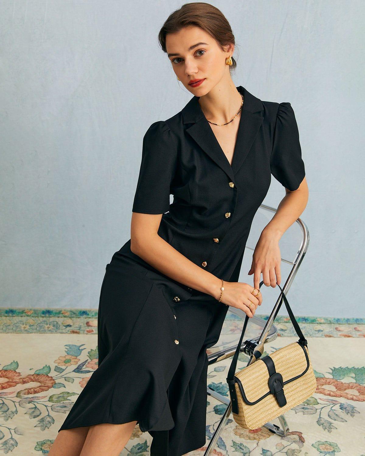 The Black V Neck Button Puff Sleeve Midi Dress Product Image