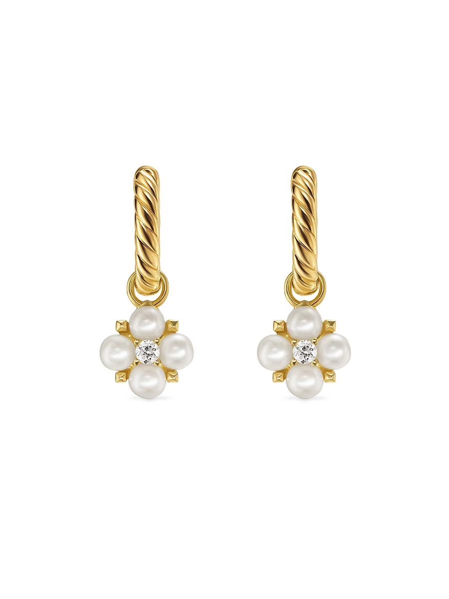 Womens Petite Modern Renaissance Pearl Drop Earrings in 18K Yellow Gold with Diamonds, 18MM Product Image