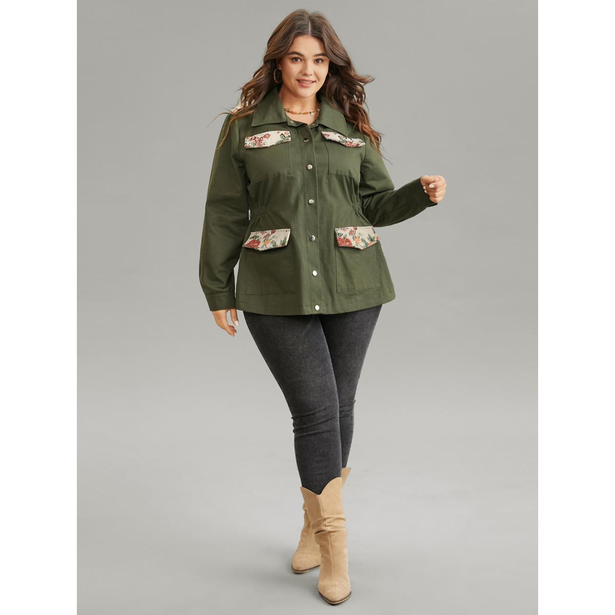 Plus Size Jacquard Patchwork Elastic Waist Flap Pocket Jacket Women ArmyGreen Lined Pocket Dailywear Jackets BloomChic 18-20/2X Product Image