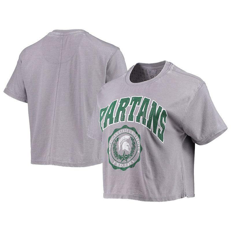 Women's Pressbox Heathered Gray Michigan State Spartans Edith Vintage Burnout Crop T-Shirt,  Product Image