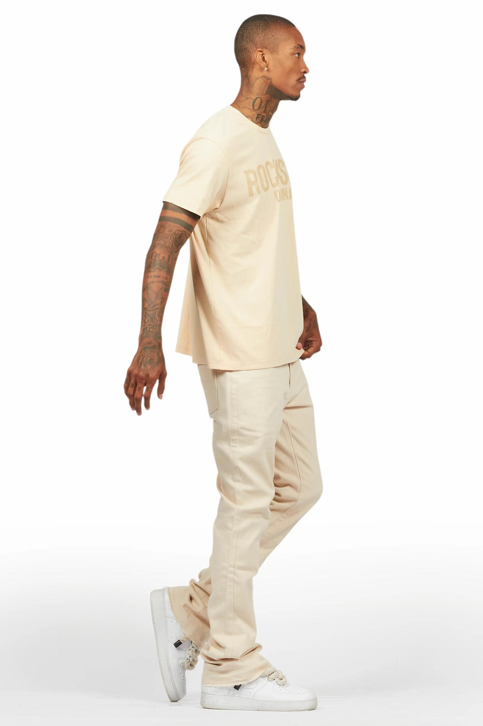 Sana Sand/Beige T-Shirt/Dag Stacked Flare Jean Set Male Product Image