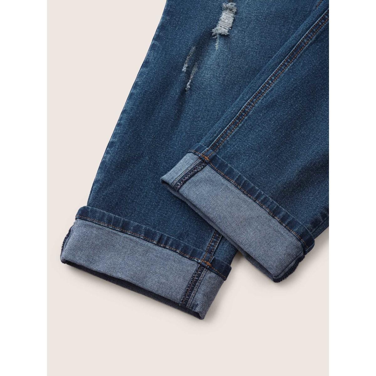 Plus Size Roll Hem Ripped Pocket Straight Leg Cropped Jeans Women Aegean Casual Plain Non High stretch Slanted pocket Jeans BloomChic 18/2X Product Image