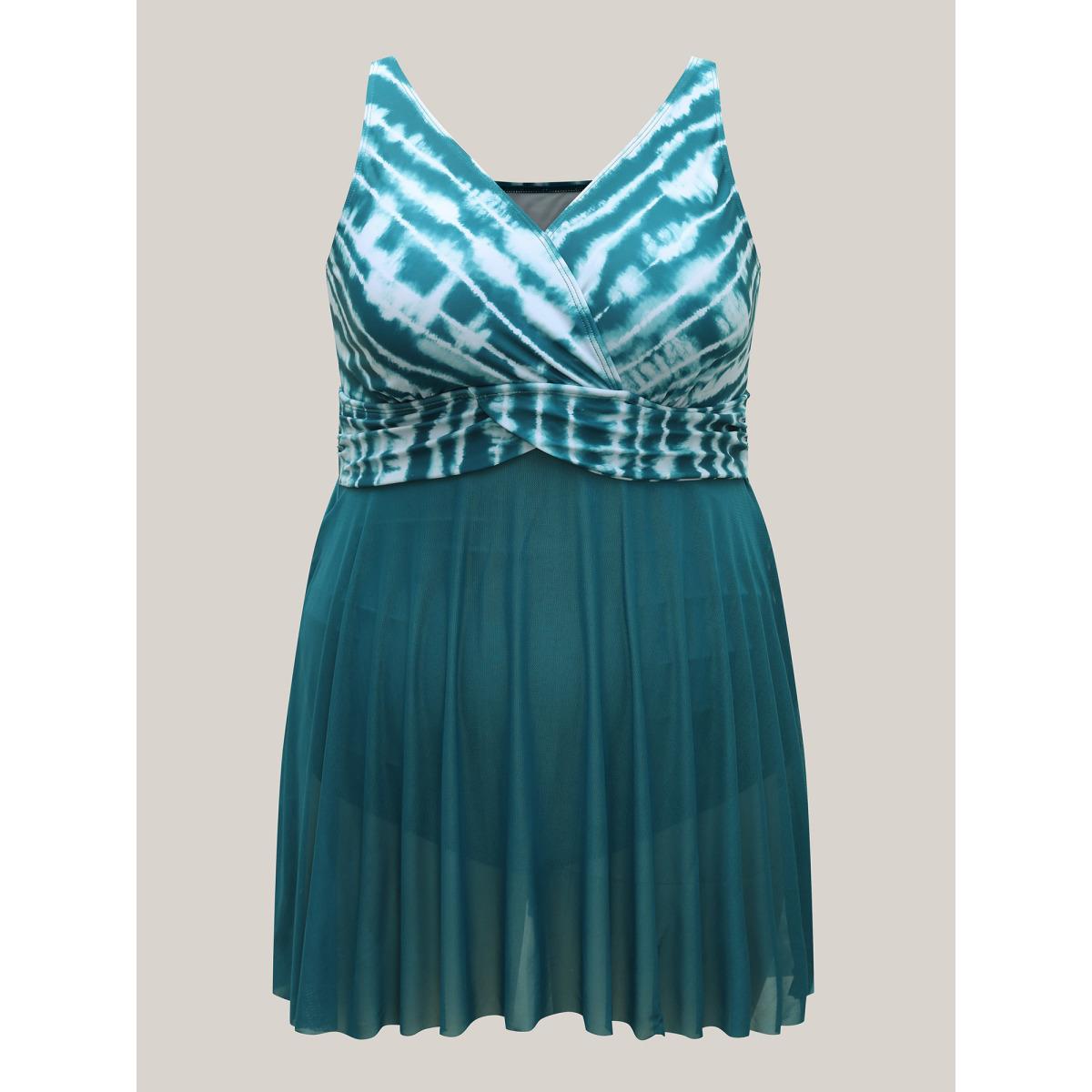 Plus Size Tie-Dye Mesh Overlap Swim Dress Women's Swimwear Teal Resort Bodycon Overlap Collar High stretch Curve Swim Dresses BloomChic 10/M Product Image