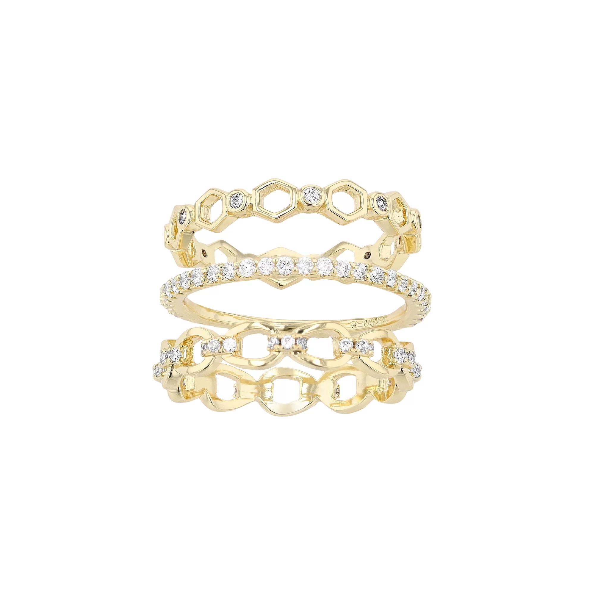 14k Gold Over Silver Cubic Zirconia Ring Trio Set, Womens Gold Tone Product Image